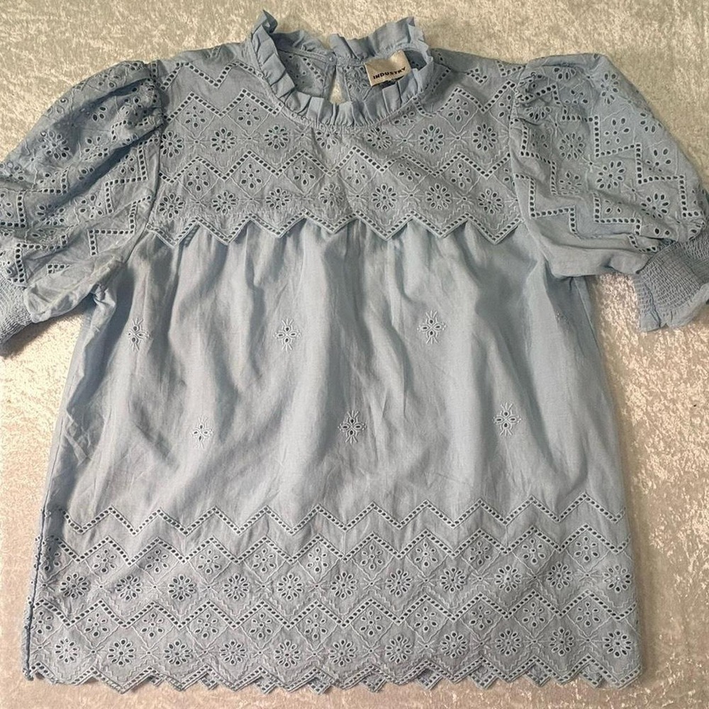 Baby Blue Cotton‎ Eyelet Puff Sleeve Cottagecore Prairie Fairycore Romantic Top - Picture 5 of 8